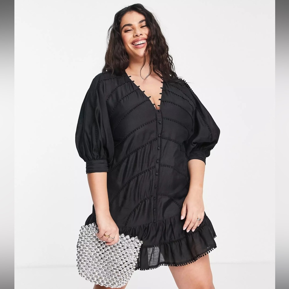 ASOS DESIGN Curve structured mini dress with lace trim detail + puff sleeve US16 - Picture 2 of 4
